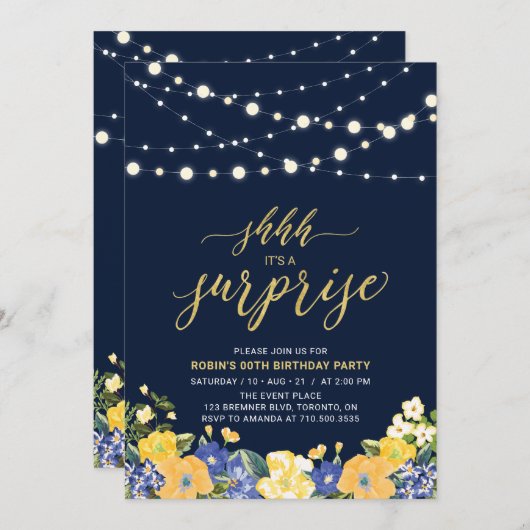 ネイビー&金ゴールドストリングライトサプライズ誕生日パーティー 招待状 (正面/裏面)