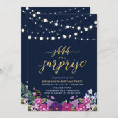 ネイビー&金ゴールドストリングライトサプライズ誕生日パーティー 招待状 (正面/裏面)