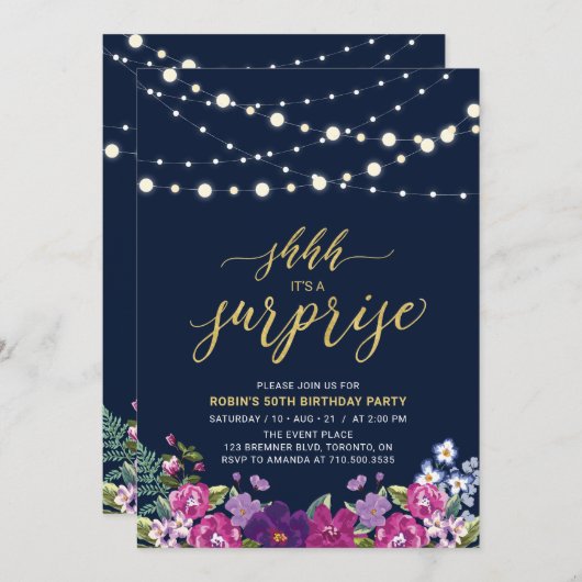 ネイビー&金ゴールドストリングライトサプライズ誕生日パーティー 招待状 (正面/裏面)