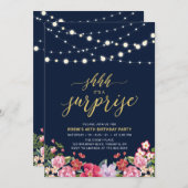 ネイビー&金ゴールドストリングライトサプライズ誕生日パーティー 招待状 (正面/裏面)