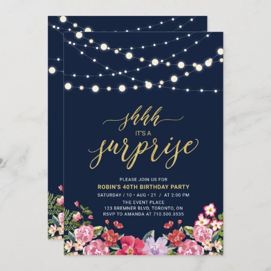 ネイビー&金ゴールドストリングライトサプライズ誕生日パーティー 招待状 (正面/裏面)