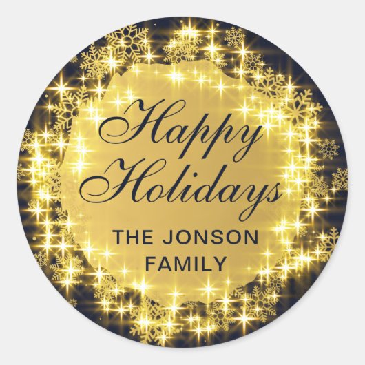 ネイビー&金ゴールドスパークルスノーフレークスクリスマスボール ラウンドシール (正面)