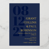 ネイビー&金ゴールドタイポグラフィ2イン結婚1秒 箔招待状 (正面)