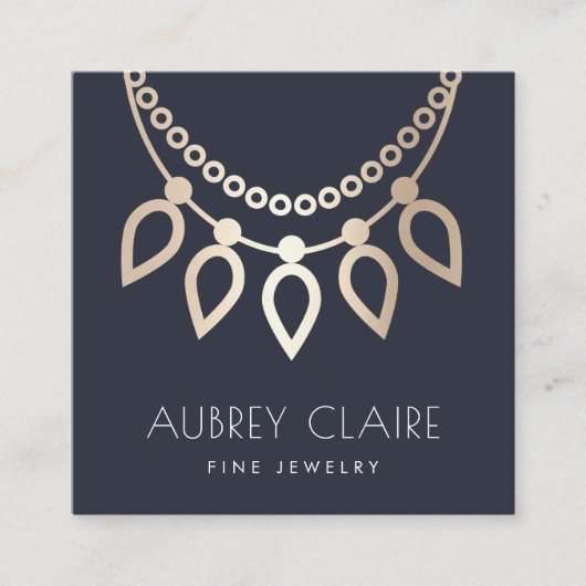 ネイビー&金ゴールドネックレスジュエラーロゴ スクエア名刺 (正面)