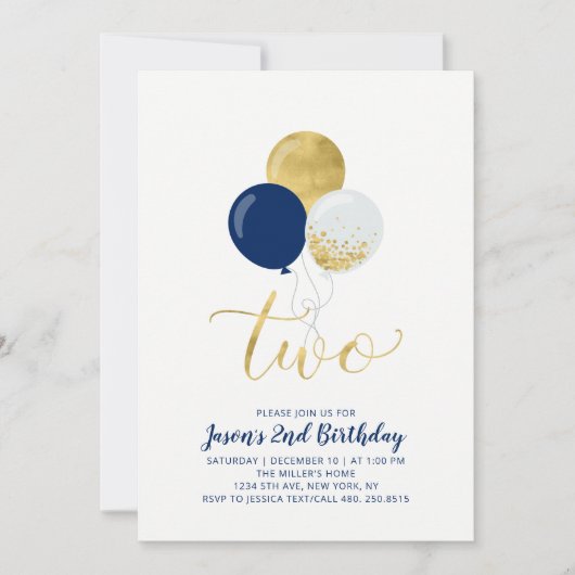 ネイビー&金ゴールドバルーン | 2番目の男の子誕生日 招待状 (正面)