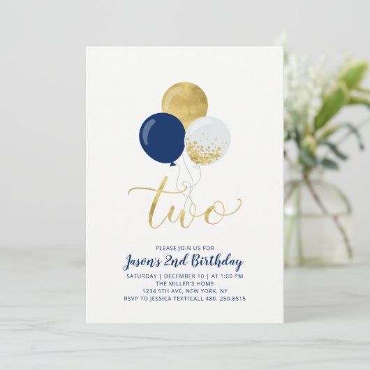 ネイビー&金ゴールドバルーン | 2番目の男の子誕生日 招待状 (スタンド正面)