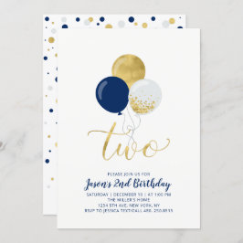 ネイビー&金ゴールドバルーン | 2番目の男の子誕生日 招待状