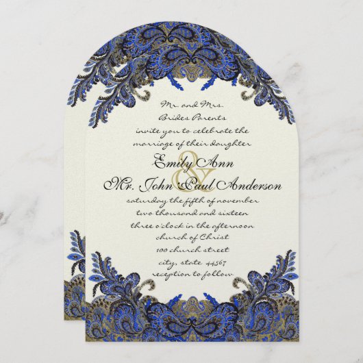 ネイビー&金ゴールドピーコックアイボリー結婚式招待状 招待状 (正面/裏面)