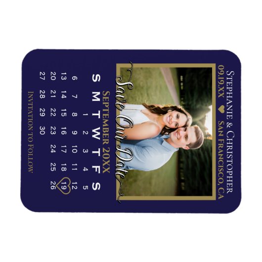 ネイビー&金ゴールドフォトカレン救ダー私たちの日結婚付 マグネット (横)