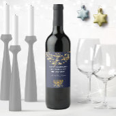 ネイビー&金ゴールドフラワーズ（ユダヤ教）メノラーネイビーハッピーハヌカー ワインラベル