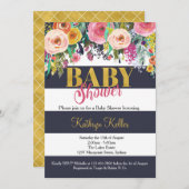 ネイビー&金ゴールドフローラベビーシャワー招待状 招待状 (正面/裏面)