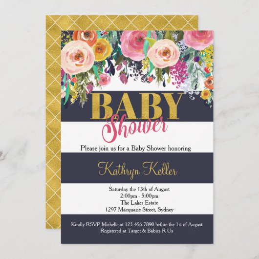 ネイビー&金ゴールドフローラベビーシャワー招待状 招待状 (正面/裏面)