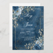 ネイビー&金ゴールドフローラ結婚式招待状 招待状 (正面/裏面)