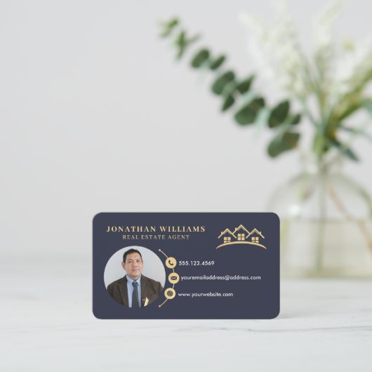ネイビー&金ゴールドプロフェッショナル実在エステート写真 名刺 (スタンド正面)