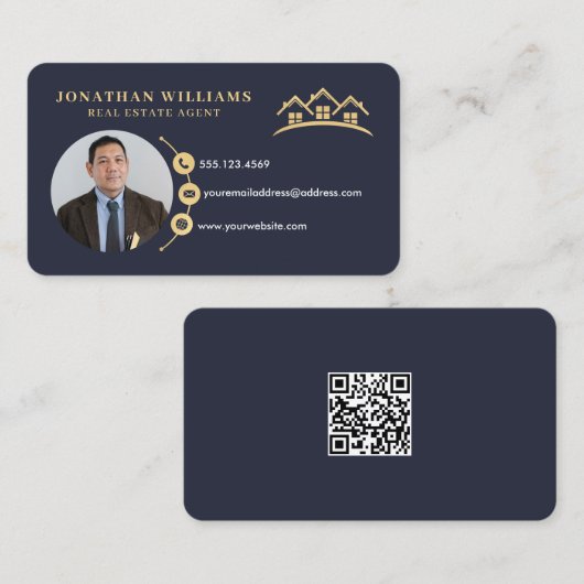 ネイビー&金ゴールドプロフェッショナル実在エステート写真 名刺 (正面/裏面)