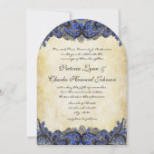 ネイビー&金ゴールドペイズリー模様のピーコック結婚式招待状 招待状 (正面)
