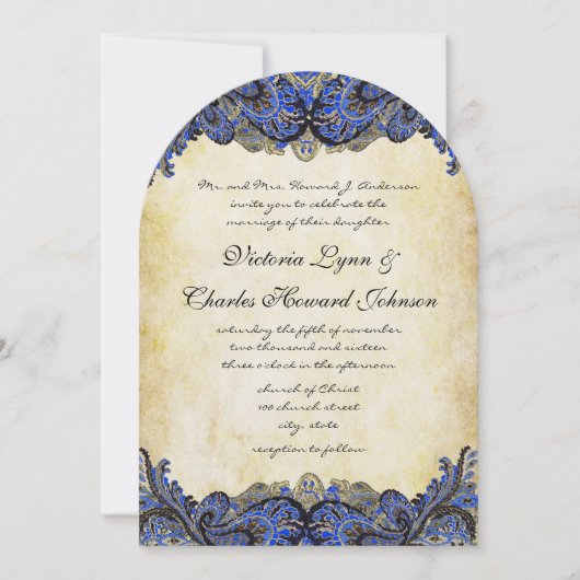 ネイビー&金ゴールドペイズリー模様のピーコック結婚式招待状 招待状 (正面)