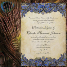 ネイビー&金ゴールドペイズリー模様のピーコック結婚式招待状