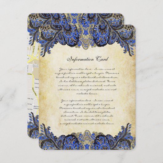 ネイビー&金ゴールドペイズリー模様のピーコック結婚式招待状 招待状 (正面/裏面)