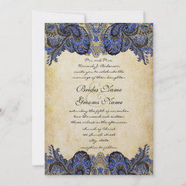 ネイビー&金ゴールドペイズリー模様のピーコック結婚式招待状 招待状