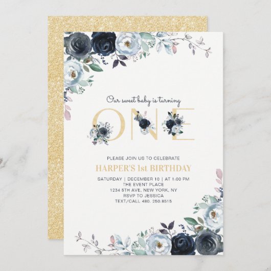 ネイビー&金ゴールドボホフローラ第1回生誕会 招待状 (正面/裏面)