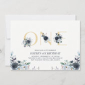 ネイビー&金ゴールドボホフローラ第1誕生日パーティー 招待状 (正面)