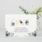 ネイビー&金ゴールドボホフローラ第1誕生日パーティー 招待状 (スタンド正面)