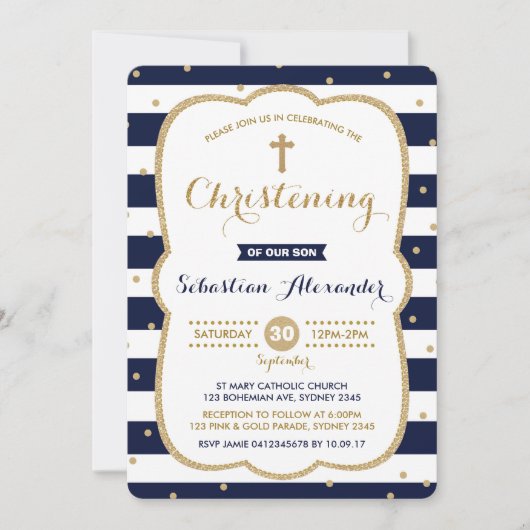 ネイビー&金ゴールドボーイ《キリスト教》洗礼式や命名式招待状紙吹雪 招待状 (正面)