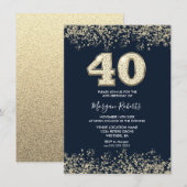 ネイビー&金ゴールドメンズ女性40th誕生日パーティー 招待状 (正面/裏面)