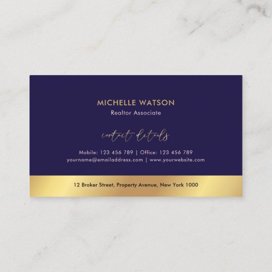 ネイビー&金ゴールドモダンロ実在ゴエステートのエージェント写真 名刺 (裏面)