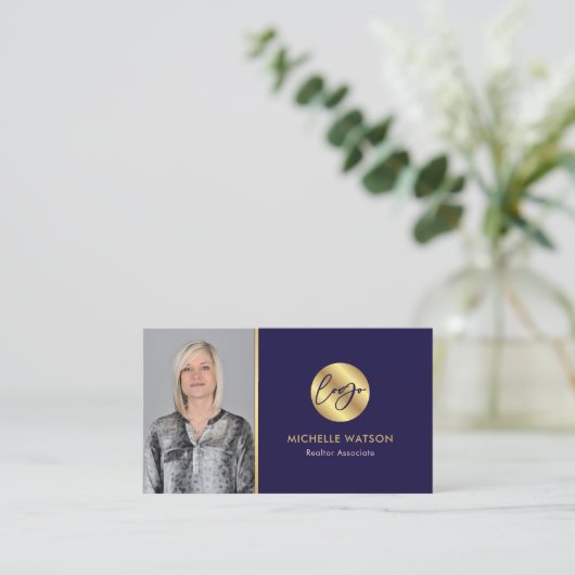 ネイビー&金ゴールドモダンロ実在ゴエステートのエージェント写真 名刺 (スタンド正面)