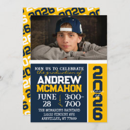 ネイビー&金ゴールドモダン卒業写真招待状 招待状