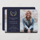 ネイビー/金ゴールドモノグラムローレルリース卒業写真 案内状 (正面/裏面)