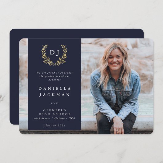 ネイビー/金ゴールドモノグラムローレルリース卒業写真 案内状 (正面/裏面)