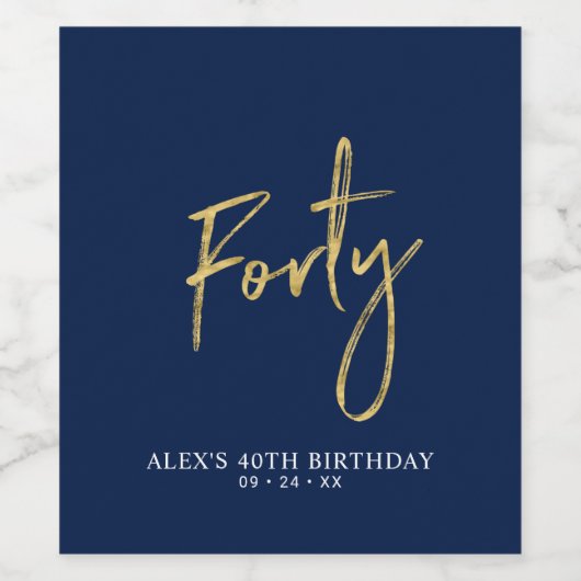 ネイビー&金ゴールドレタリングフォーティ | 40th誕生日パーティー ワインラベル (シングルラベル)
