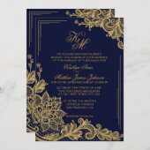 ネイビー&金ゴールドレース結婚式招待状カード 招待状 (正面/裏面)