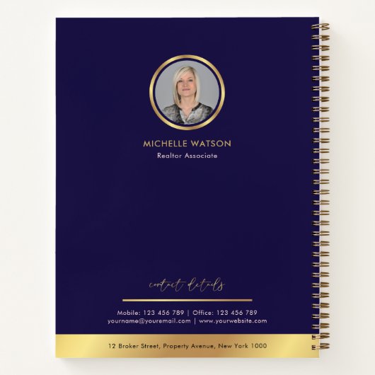 ネイビー&金ゴールドロエレガントゴ実在の不動産ブローカー写真 ノートブック (裏面)