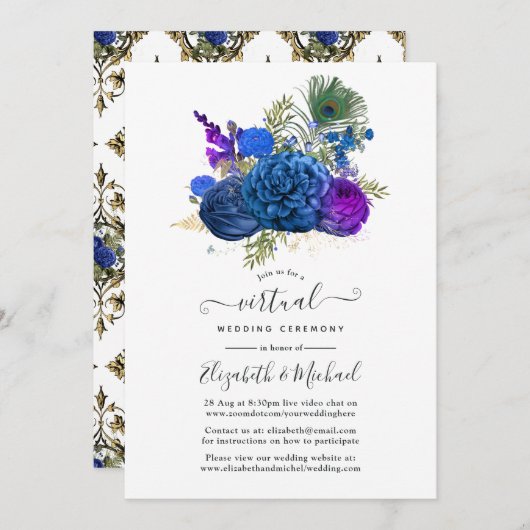 ネイビー&金ゴールドヴィンテージピーコックフローラバーチャル結婚ズ 招待状 (正面/裏面)