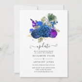 ネイビー&金ゴールドヴィンテージピーコックフローラ結婚ズ・アップデート 招待状 (正面)