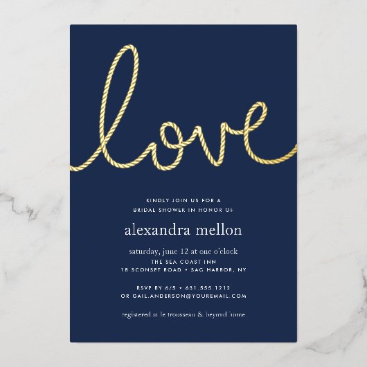 ネイビー&金ゴールド結びラヴ航海のブライダルシャワー 箔招待状 (正面)