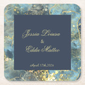 ネイビー&金ゴールド結婚ズ スクエアペーパーコースター (正面)