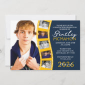 ネイビー&金ゴールド6フォトフィルムストリップ卒業コラージュ 招待状 (正面)