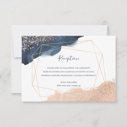 ネイビー、金ゴールド、ジオメトリフレーム付き赤面披露宴 招待状 (正面)