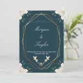 ネイビー、金ゴールド、聖なる書物、 経典、ブーケ、日付の保存 招待状 (スタンド正面)