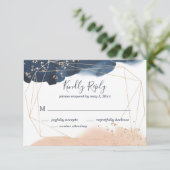 ネイビー、金ゴールド、赤面の幾何学的な結婚式RSVP 出欠カード (スタンド正面)