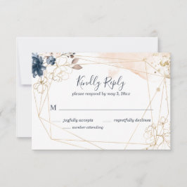 ネイビー、金ゴールド、赤面の幾何学的な結婚式RSVP 出欠カード