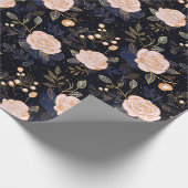 ネイビー、金ゴールド&赤面ピンクハンドドローバラフローラ ラッピングペーパー (角)
