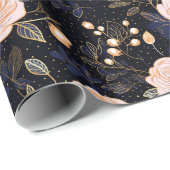 ネイビー、金ゴールド&赤面ピンクハンドドローバラフローラ ラッピングペーパー (ロールコーナー)