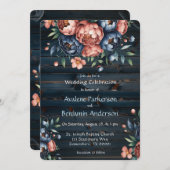 ネイビー&銅ピーニーウッド結婚ズお祝い 招待状 (正面/裏面)