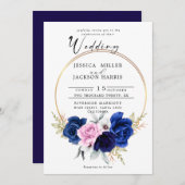 ネイビー |青王室の赤面ピンクフローラ結婚ズ 招待状 (正面/裏面)